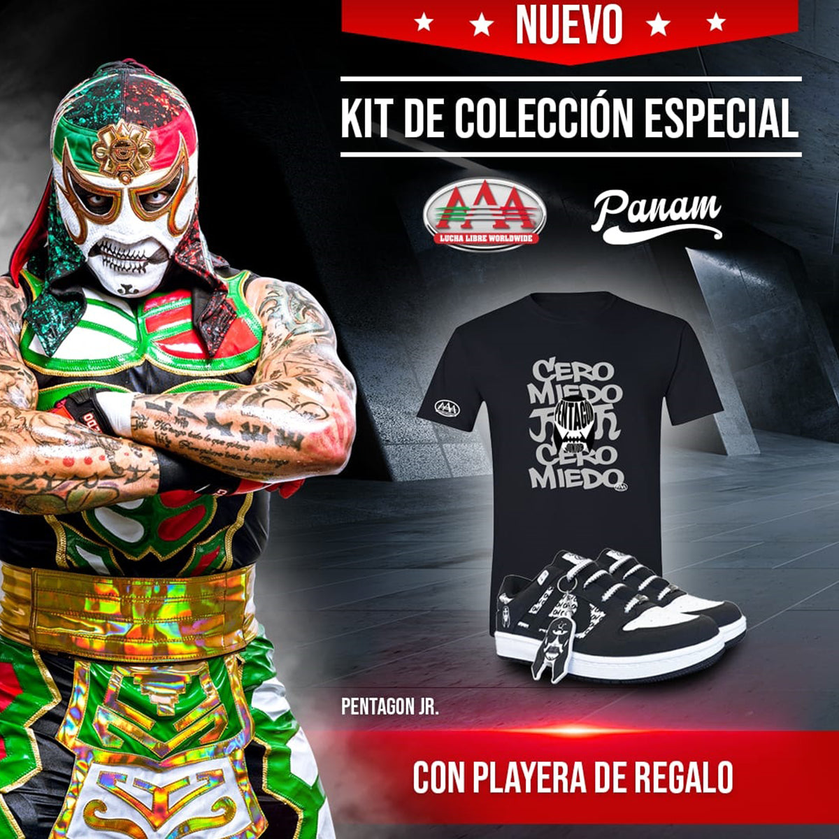 Kit Tenis Panam y Playera Hombre Lucha Libre AAA Pentagón Jr.